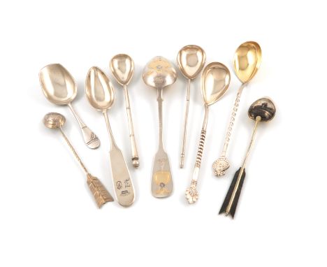 A collection of nine Russian silver spoons, comprising: one modelled as an arrow, 1840, the reverse of the bowl with a townsc