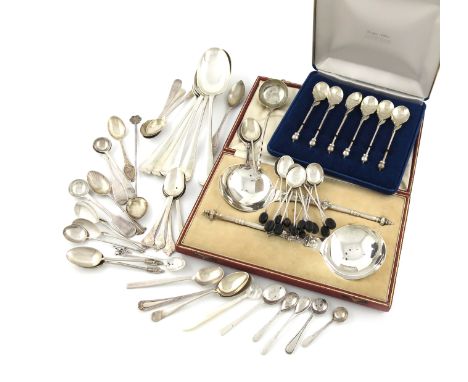 A mixed lot of silver flatware, various dates and makers, comprising: a set of five Hanoverian pattern tablespoons, by J. Rou