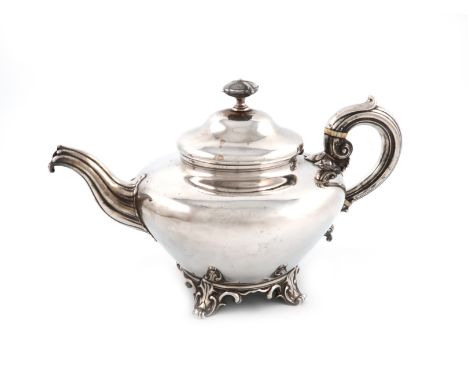 λA Victorian silver teapot, by The Barnards, London 1845, circular tapering form, scroll handle with ivory insulators, domed 