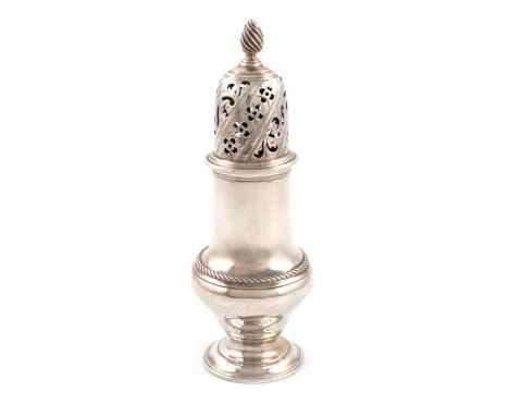 A George III silver sugar caster, possibly by Robert Piercy, London 1766, baluster form, rope-work border, the pull-off cover