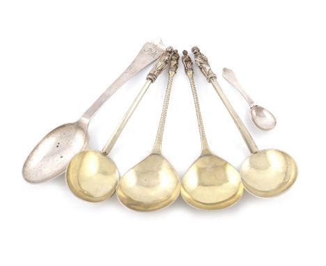 A mixed lot of silver flatware, comprising: a Queen Anne Dog-nose condiment spoon, probably by John Ladyman, London circa 171