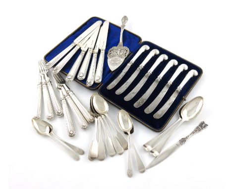 A mixed lot of silver flatware, various dates and makers, comprising: a set of six Victorian Thread and Shell pattern fruit k