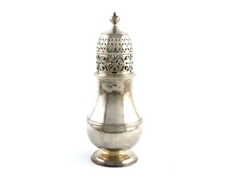 A George I silver sugar caster, by Samuel Welder, London 1715, baluster form, central girdle, pull-off pierced cover with a k