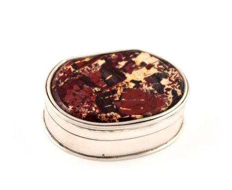 A George III silver and agate snuff box, by Nickolds and Roberts, London 1817, cartouche form, the hinged cover set with an a