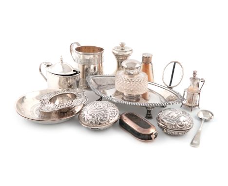 A mixed lot of silver items, various dates and makers, comprising: a small George III mug, London 1792, an inkstand with a cu