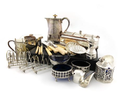 λA mixed lot, comprising silver items: a Victorian mustard pot, by J and J Angell, London 1844, pierced octagonal form, plus 