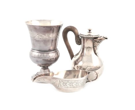 A mixed lot of continental items: comprising: a French silver hot milk pot, scroll handle, a French silver sauce boat of oval