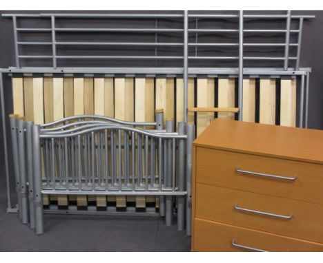 ULTRA MODERN GREY METAL STANDARD SIZE BUNK BED, 195cms L approximately and a modern light wood three drawer chest, 72cms H, 7