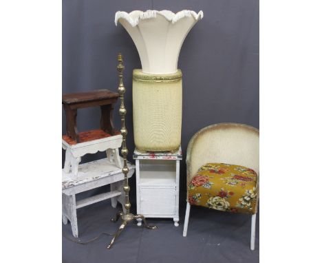 VINTAGE PAINTED STOOLS, Lloyd Loom type furniture and a reproduction brass standard lamp and shade (7 items), various measure