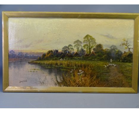HENRY K FOSTER oil on canvas - lakeside village scene with a figure tending geese, 44 x 79.5cms