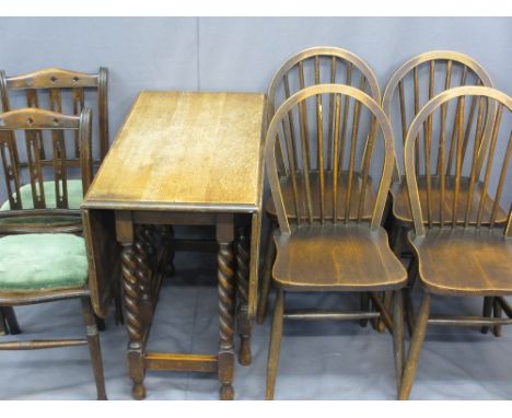 OAK BARLEY TWIST GATE LEG DINING TABLE, four Ercol stickback chairs and two Edwardian side chairs