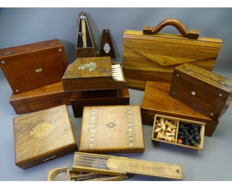 VICTORIAN &amp; LATER LIDDED BOXES, wooden briefcase, metronome, child's piano ETC 