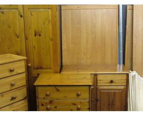 MODERN PINE BEDROOM FURNITURE comprising two door wardrobe, chest of four drawers, narrow chest of drawers, a cupboard and a 