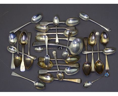 SILVER TEASPOONS &amp; A SMALL LADLE, 27 pieces, George III, and indistinct mark possibly earlier, various assay marks and da