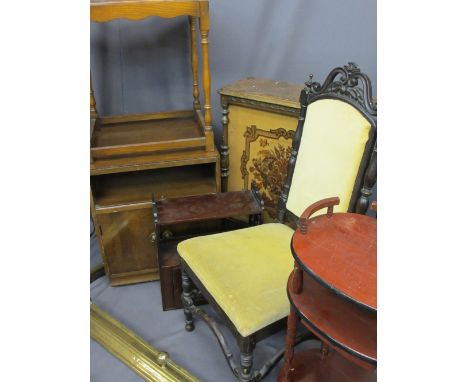 FURNITURE ASSORTMENT to include a wall hanging whatnot, brass fender, hall chair, antique style speaker cabinet ETC (7 pieces