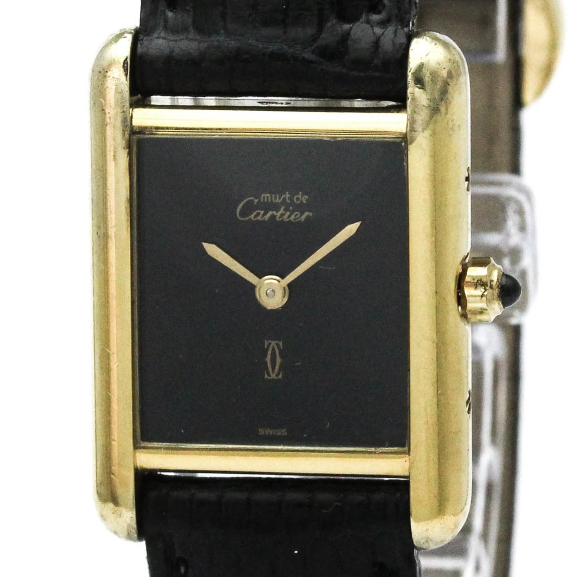 CARTIER Must Tank Gold Plated Leather Quartz Ladies Watch 366001