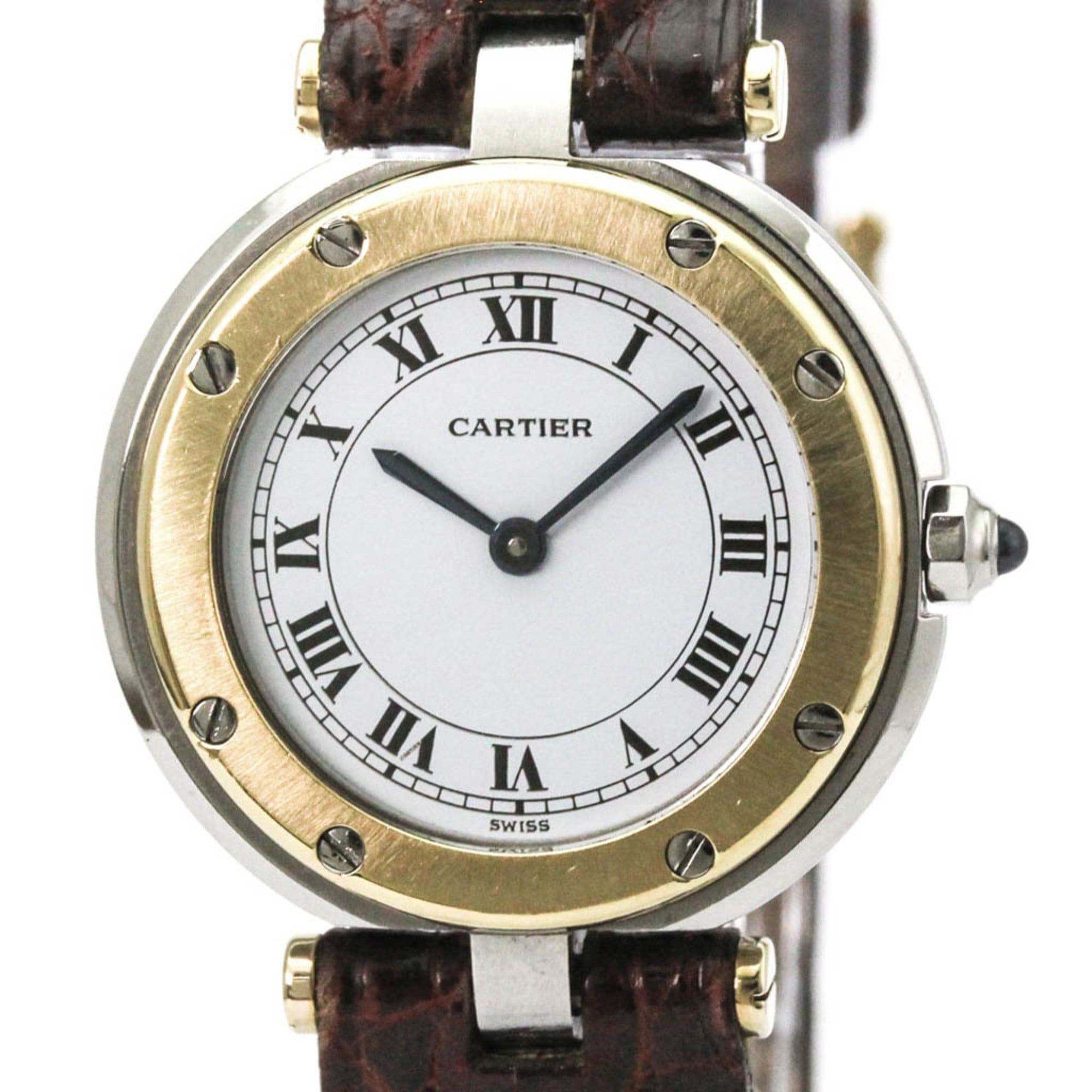 CARTIER Santos Round 18K Gold Steel Leather Quartz Ladies Watch Polished