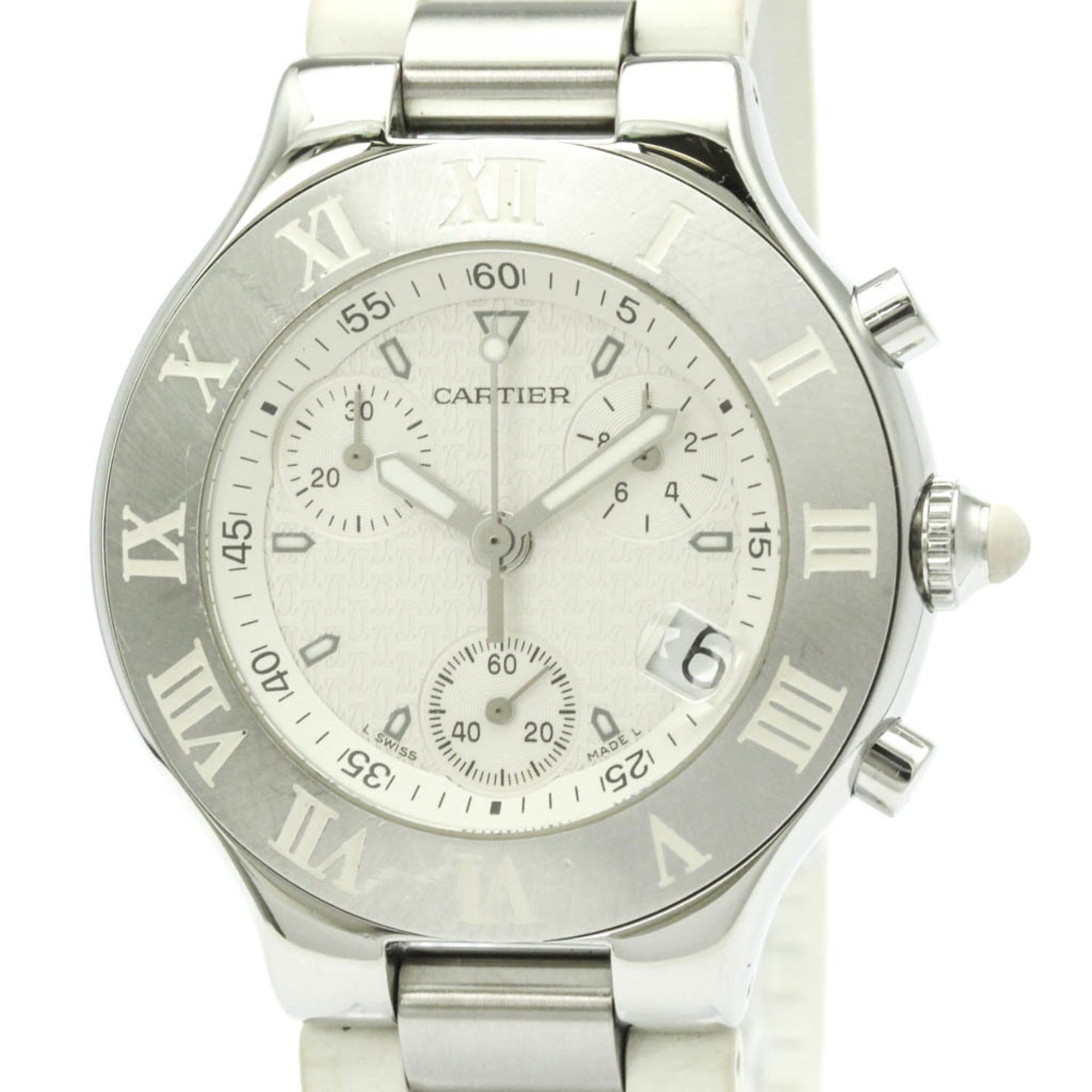 CARTIER Must 21 Chronoscaph Steel Rubber Mens Watch W10184U2 Polished