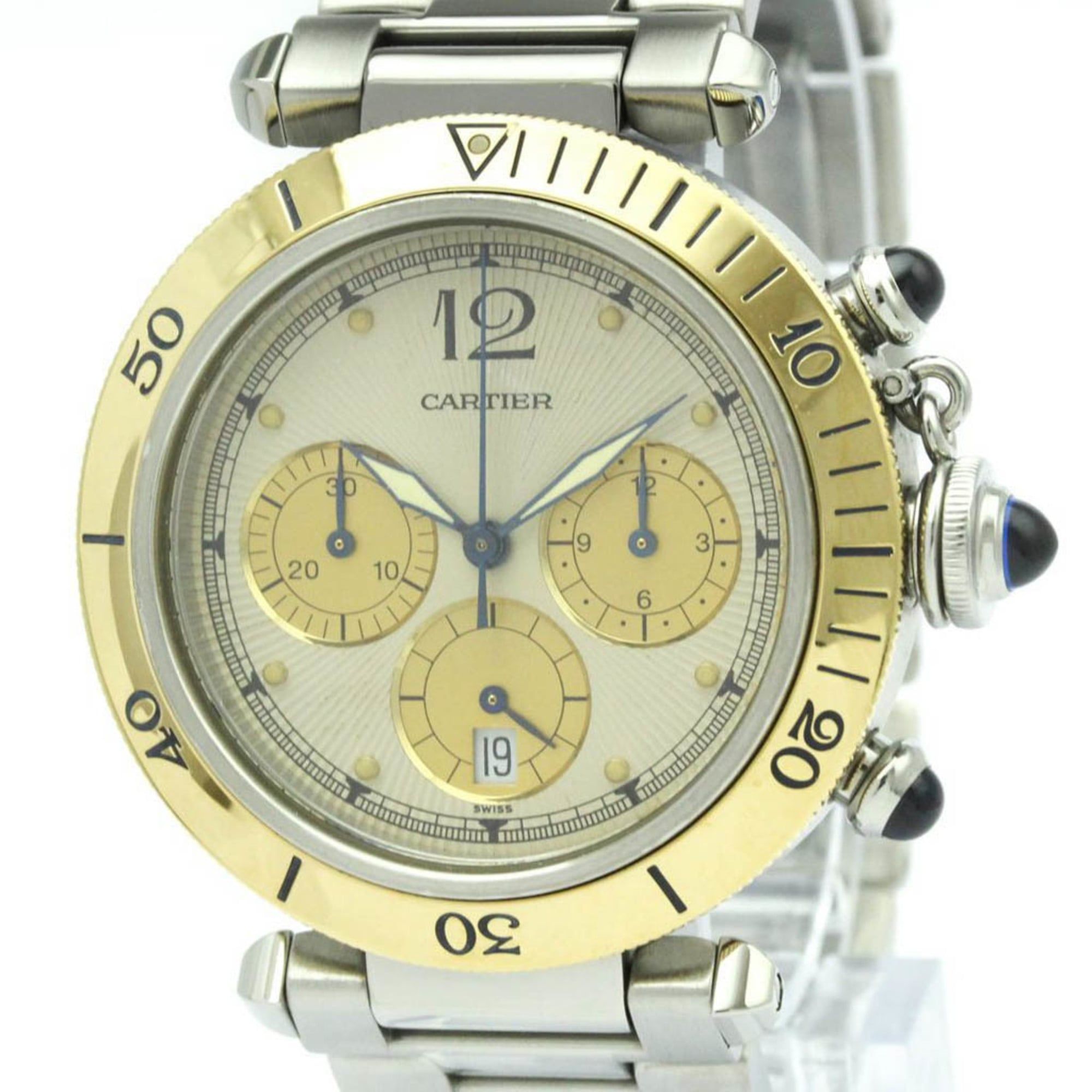 CARTIER Pasha 38 Chronograph 18K Gold Steel Watch W31011H3 Polished