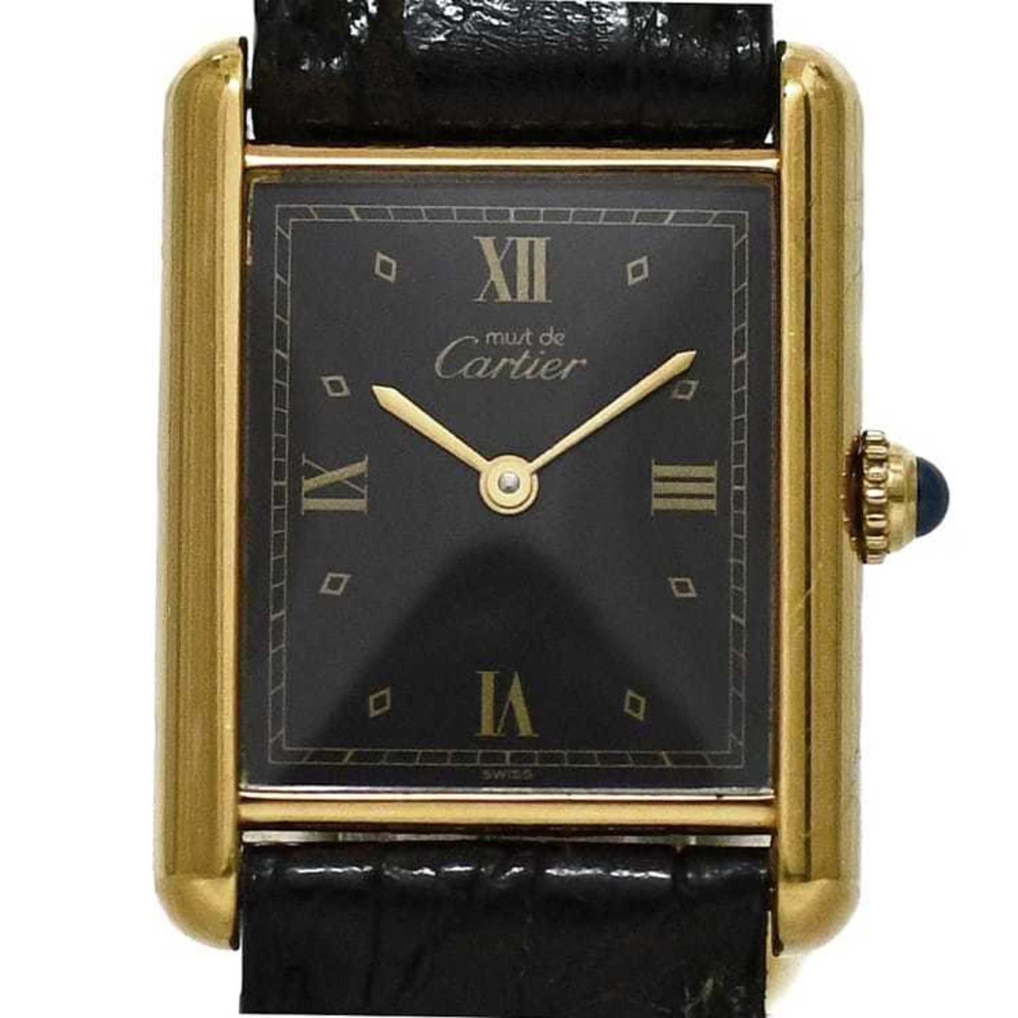 Cartier Must Tank LM Vermeil Watch f-24337 Black Gold W1001254 Stainless Steel GP Leather Quartz 55*