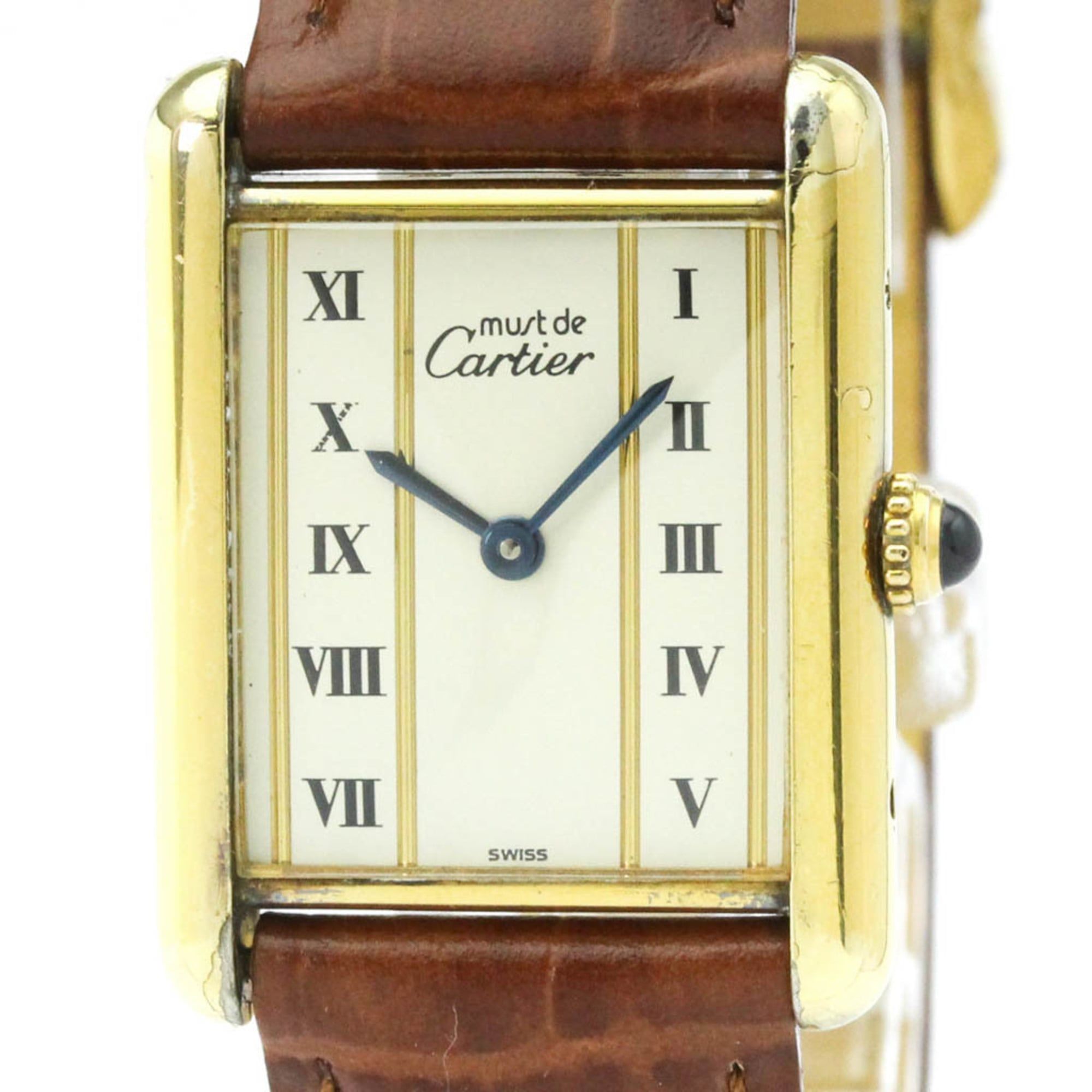CARTIER Tank Vermeil Gold Plated Leater Quartz Mens Watch 590005