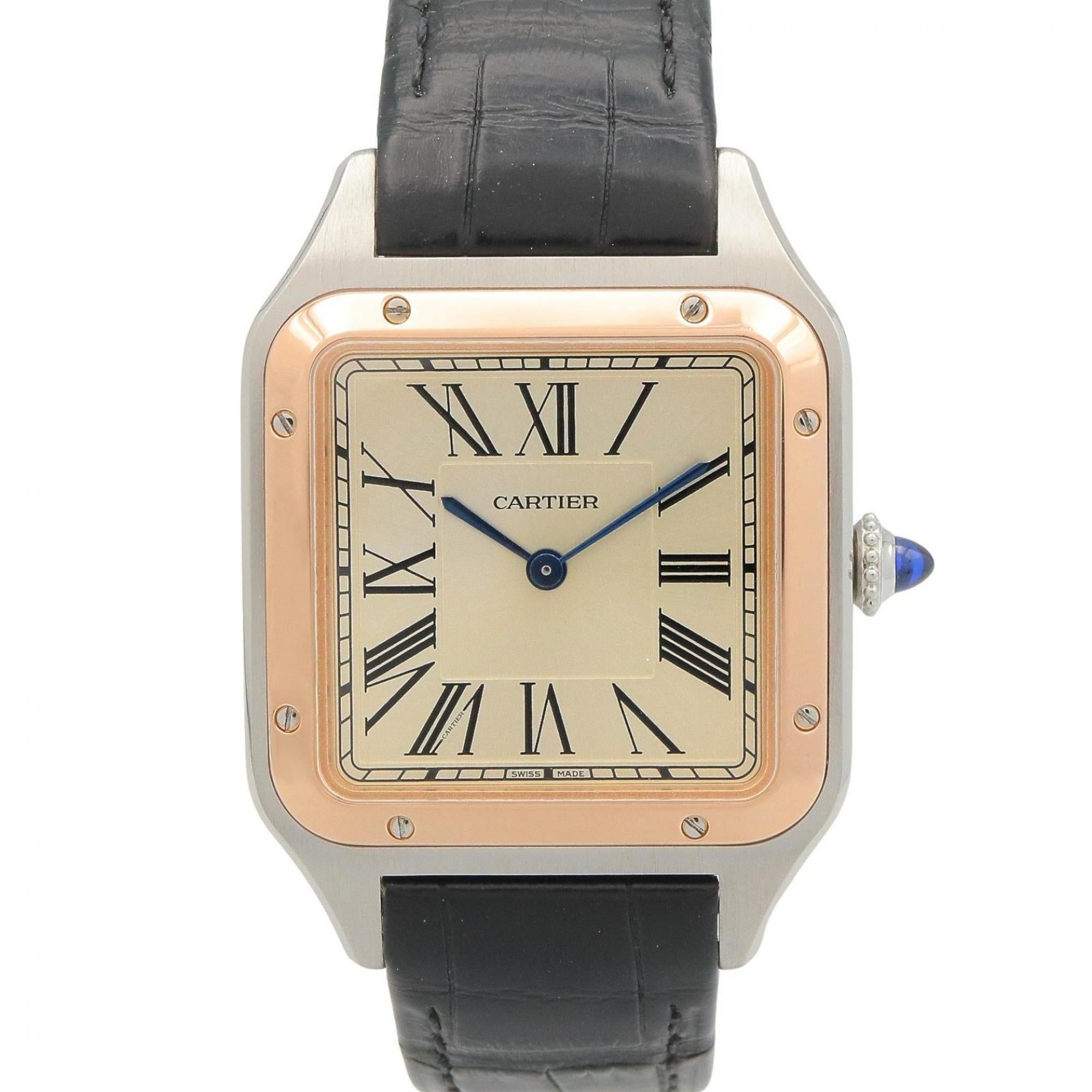 Cartier Santos Dumont LM Watch, 18K Pink Gold (PG), Stainless Steel, Leather Strap, Men's, Silver/Go