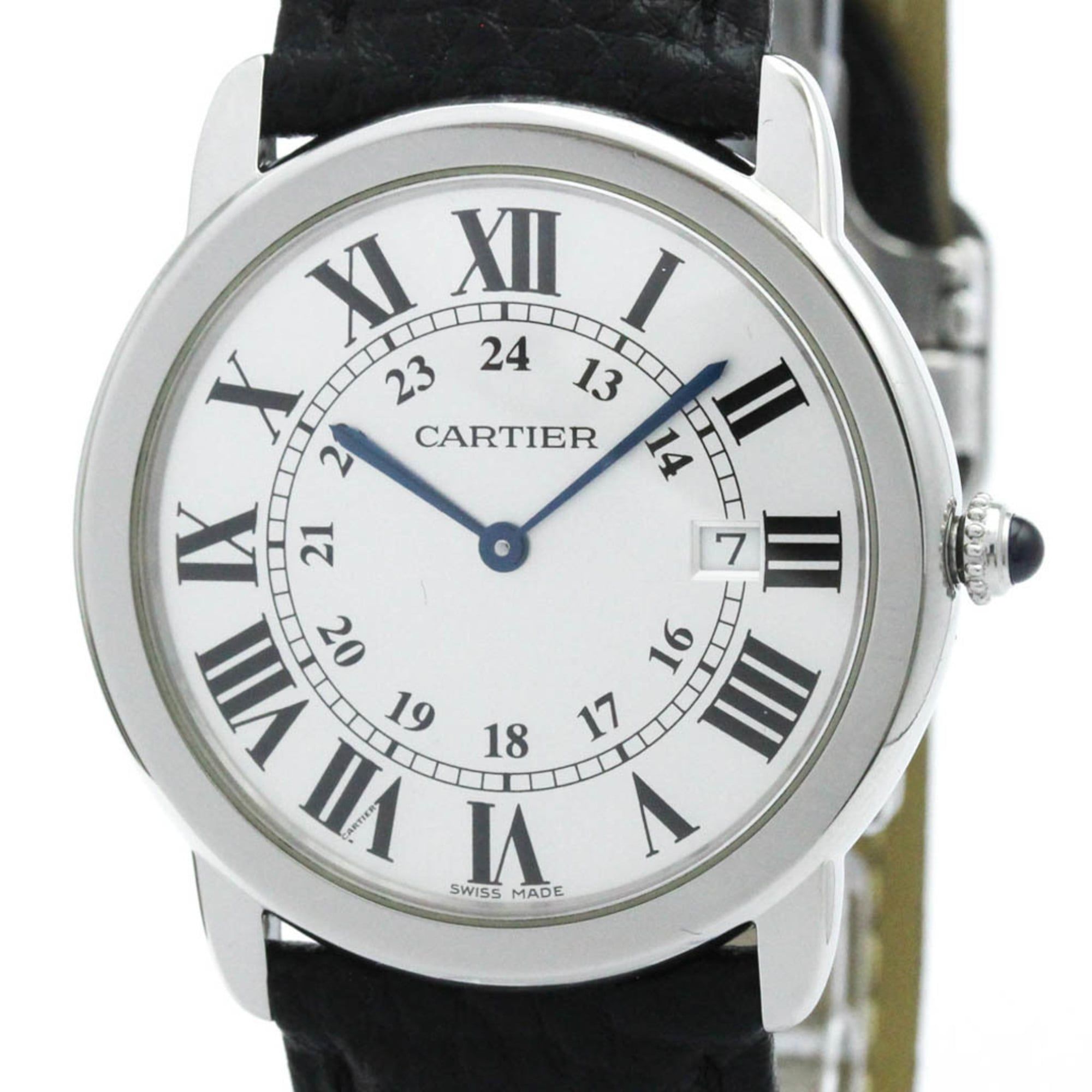 CARTIER Ronde Solo LM Steel Leather Quartz Mens Watch W6700255 Polished