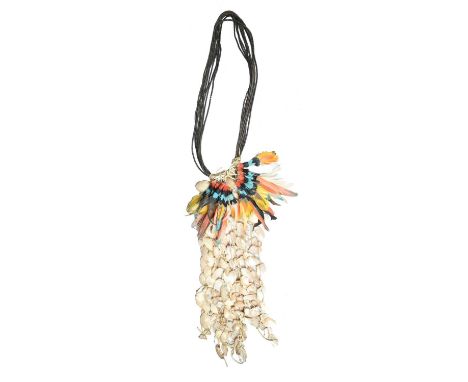 λA Rikbaktsa necklaceBrazilwith nine strands of disc beads, cotton bound and hung with beaded strands of feathers and mussel 