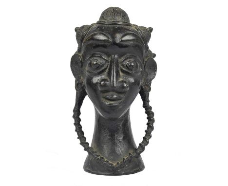 A Cameroon bronze headwith a multi domed tied coiffure and long braids,24.6cm high.ProvenanceThe van Raalte Collection, UK.