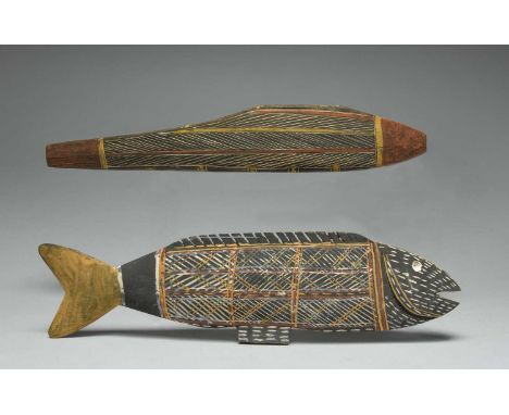 Two Tiwi model fishAustraliaone with incised linear decoration and both with pigment,41cm and 39cm long. (2)