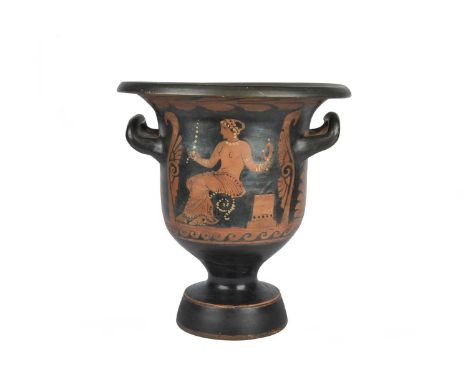 A Greek red figure bell kratercirca 4th century BCpainted on one side a seated bare chested female holding a mirror in her le