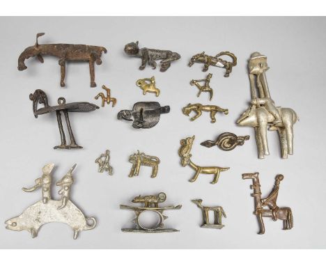 A collection of West African animals bronze, brass, aluminium and iron, including two Akan leopards, an Akan antelope with a 