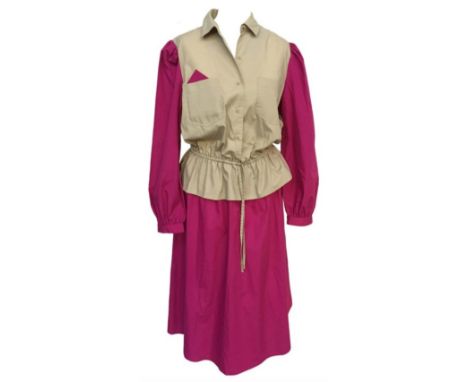 Two 1980s dresses, shirt dress from Bellino, beige button through top with drawstring waist and peplum over shocking pink ski