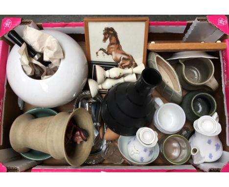 A box of mixed ceramics and glass including a tile teapot stand and studio pottery 