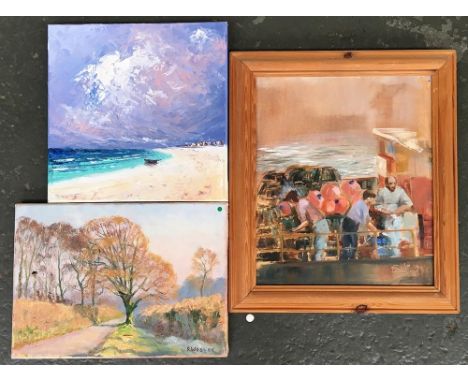 Podie, Weymouth harbour, oil on board, signed lower right and dated 1994, 35x29cm; together with M.J. Leighton, seashore, oil
