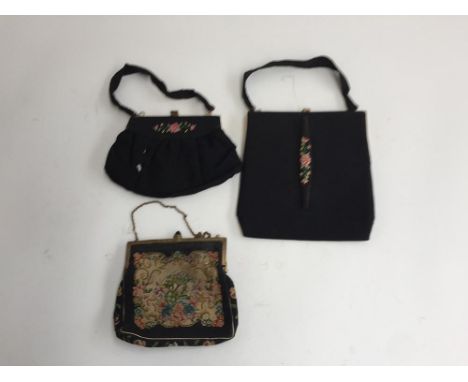 Three small evening bags, one tapestry with good silk interior and black glass clasp (3) 
