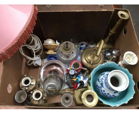 A mixed lot of ceramics, silver plate, flatware, and brass items 