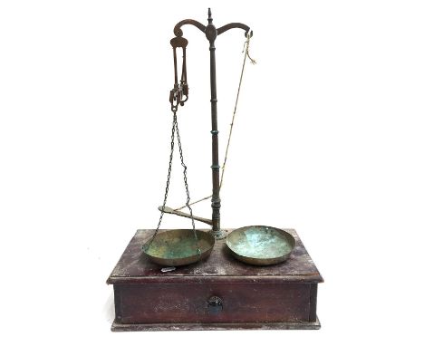An unusual vintage set of scales, mounted on mahogany box with single drawer 