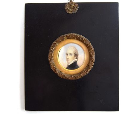 Manner of Richard Cosway. Miniature portrait of Charles Rose Ellis, later Lord Seaford, in black coat with high white collar,