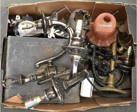 A mixed lot of various metal light fittings, glass shades, an album of 78s, etc 