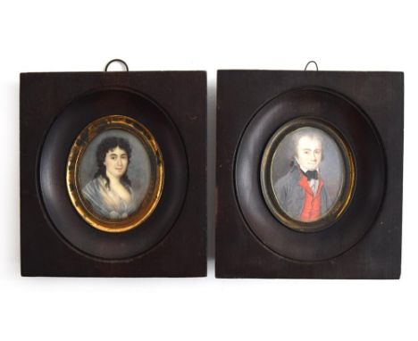 English School, circa 1790. Miniature portrait of a lady, bust-length, with long black hair and lace shawl and a portrait of 