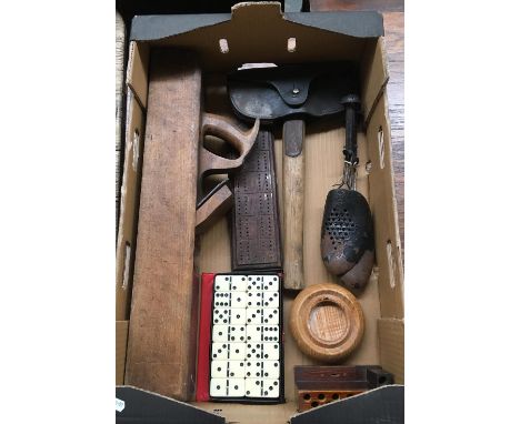 An antique wooden shooting plane with blade by Malloch &amp; Sons (1878-1913), Perth; Fireman?s axe in leather pouch, other w