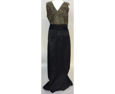 1950s/60s evening dress made by Olivia Duff of Exeter, long black slim line skirt, sleeveless bodice of fine cotton woven wit