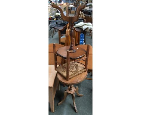 A galleried oval occasional table, together with a rush footstool and another small tripod table 