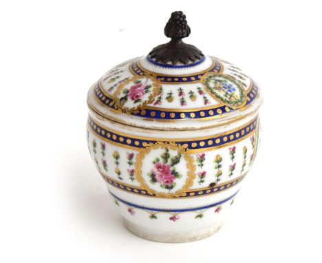 A Sèvres sucrier and cover painted with a border of roses and corn flowers, later gilt metal finial, with blue marks to base,