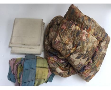 Eiderdown in a crocus print (some small holes), an old French metis sheet and a vintage bedcover in a checked synthentic silk