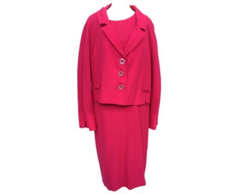 Beautifully tailored dress suit by Louise Kennedy in shocking pink wool crepe: sleeveless dress, cut in loose egg-sheath shap