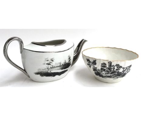 A creamware bowl with gilt rim, transfer printed in black, together with a part silvered teapot 