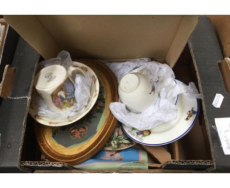 A Royal Doulton Bunnykins bowl and Peter Rabbit mug; nursery cup saucers and plates, Torquay Ware hand-painted plaque and a F
