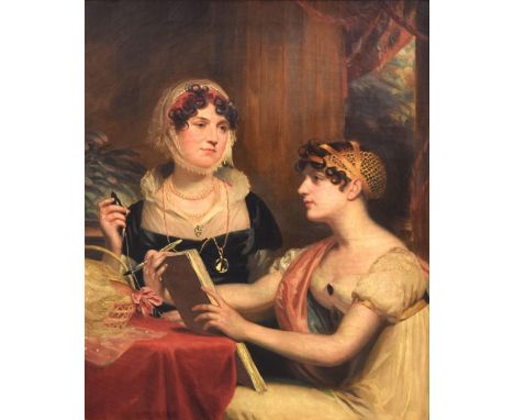 Circle of Margaret Carpenter. Portrait of Ann Pepys-Cockerell and her daughter, later Mrs. Pollen, both half length, sewing a